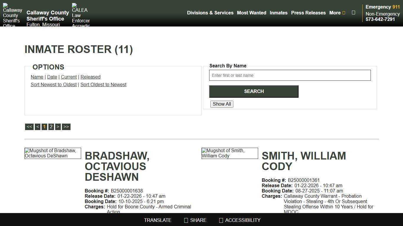 Inmate Roster - Released Inmates Booking Date Descending - Callaway County Sheriff's Office, Missouri